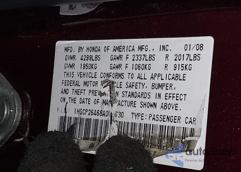 2008 Honda Accord 2.4 Lx-P z USA, uszkodzony, nr VIN 1HGCP26468A067630